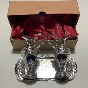 Vintage Metal Pitcher Salt Pepper Shakers with Tray Made in Japan Souvenir
